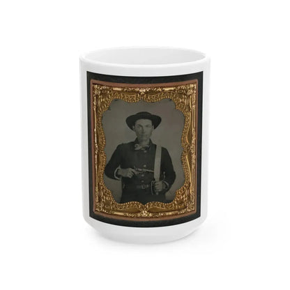 Unidentified Soldier In Confederate Uniform And Round Hat With Baby Colt Dragoon Revolver And D-Guard Bowie Knife (U.S. Civil War) White Coffee Mug 15oz - Go Mug Yourself