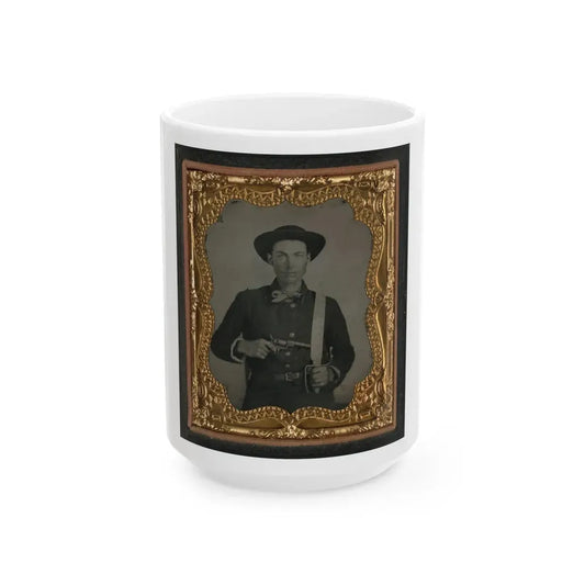 Unidentified Soldier In Confederate Uniform And Round Hat With Baby Colt Dragoon Revolver And D-Guard Bowie Knife (U.S. Civil War) White Coffee Mug 15oz - Go Mug Yourself