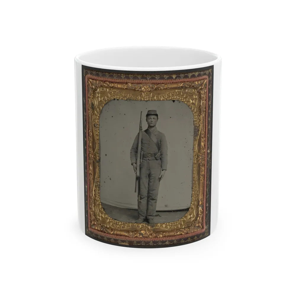 Unidentified Soldier In Confederate Uniform And Snake Belt Buckle With Enfield Rifle And Saber Bayonet (U.S. Civil War) White Coffee Mug-11oz-Go Mug Yourself