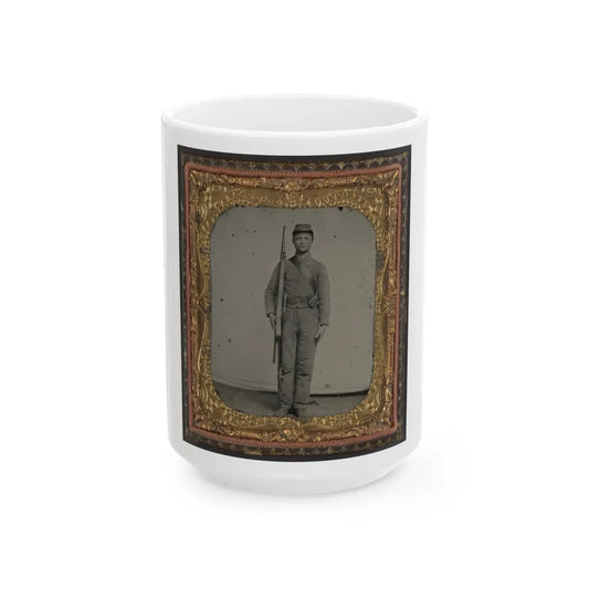 Unidentified Soldier In Confederate Uniform And Snake Belt Buckle With Enfield Rifle And Saber Bayonet (U.S. Civil War) White Coffee Mug-15oz-Go Mug Yourself