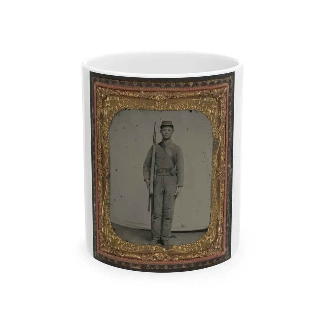 Unidentified Soldier In Confederate Uniform And Snake Belt Buckle With Enfield Rifle And Saber Bayonet (U.S. Civil War) White Coffee Mug 11oz - Go Mug Yourself