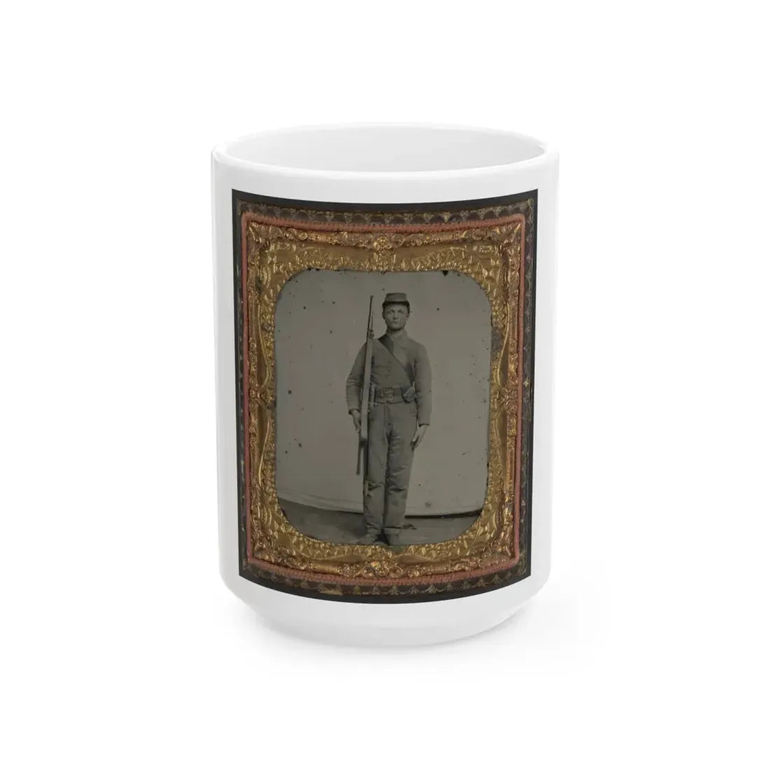 Unidentified Soldier In Confederate Uniform And Snake Belt Buckle With Enfield Rifle And Saber Bayonet (U.S. Civil War) White Coffee Mug 15oz - Go Mug Yourself