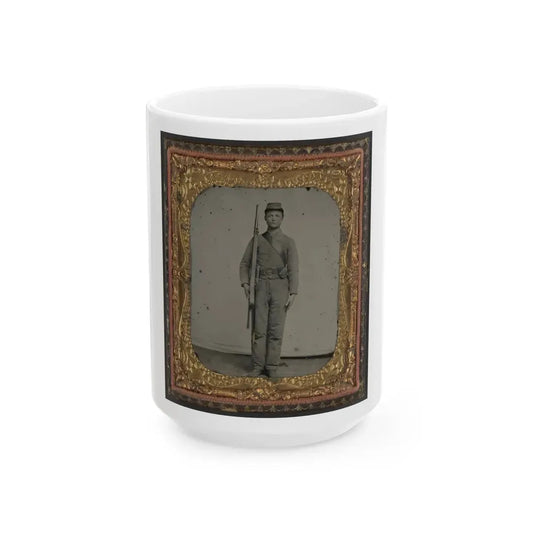 Unidentified Soldier In Confederate Uniform And Snake Belt Buckle With Enfield Rifle And Saber Bayonet (U.S. Civil War) White Coffee Mug 15oz - Go Mug Yourself