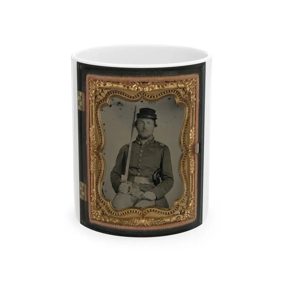 Unidentified Soldier In Confederate Uniform And Star Design Belt Buckle With Sword (U.S. Civil War) White Coffee Mug 11oz - Go Mug Yourself