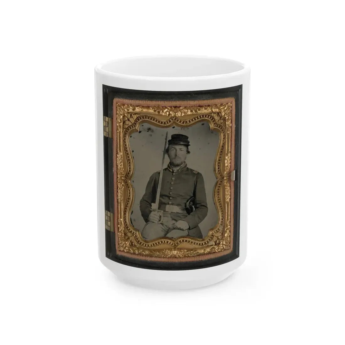 Unidentified Soldier In Confederate Uniform And Star Design Belt Buckle With Sword (U.S. Civil War) White Coffee Mug 15oz - Go Mug Yourself