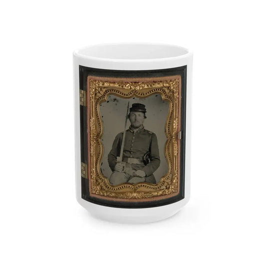 Unidentified Soldier In Confederate Uniform And Star Design Belt Buckle With Sword (U.S. Civil War) White Coffee Mug 15oz - Go Mug Yourself