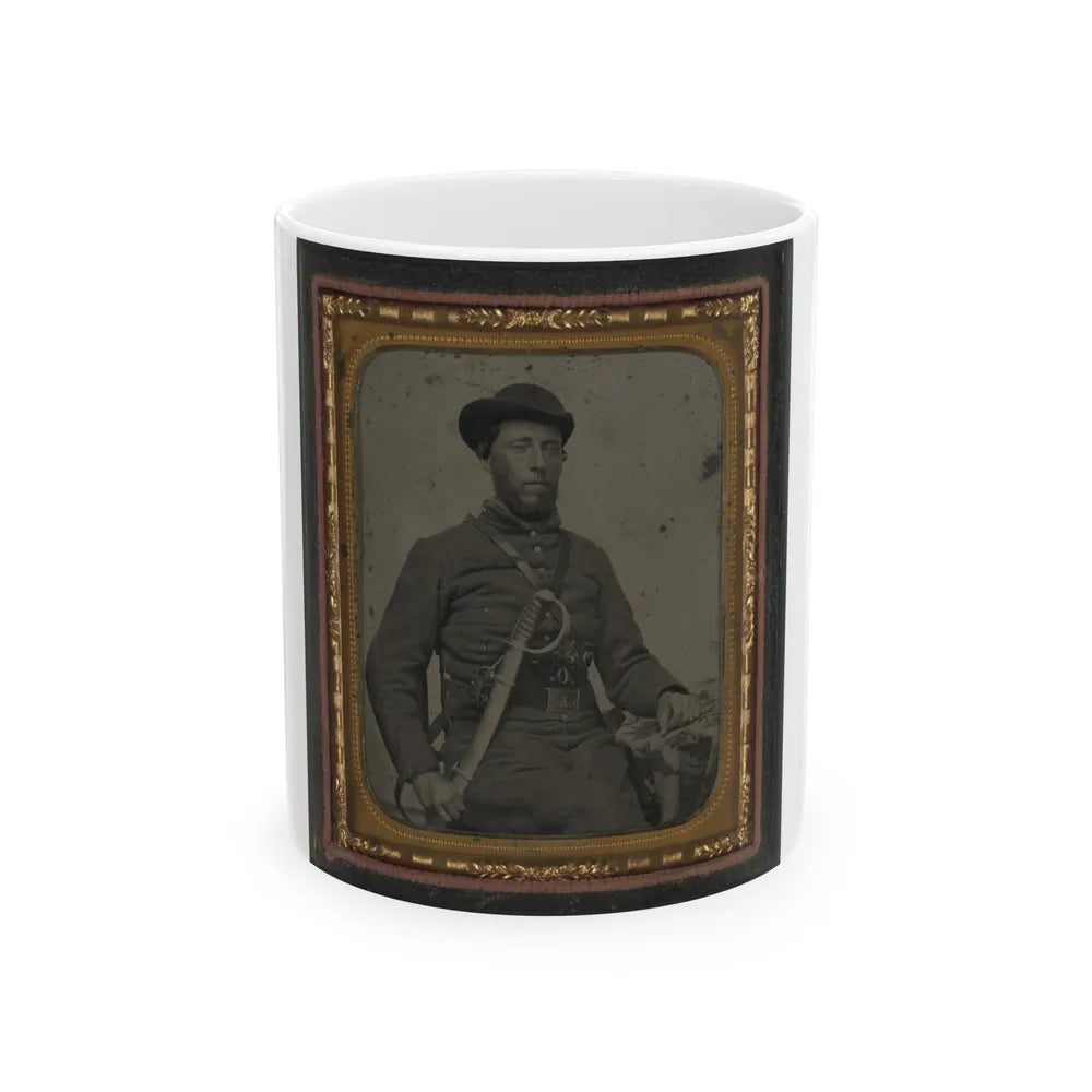 Unidentified Soldier In Confederate Uniform And Virginia Sword Belt Plate With Revolver And Cavalry Sword (U.S. Civil War) White Coffee Mug-11oz-Go Mug Yourself