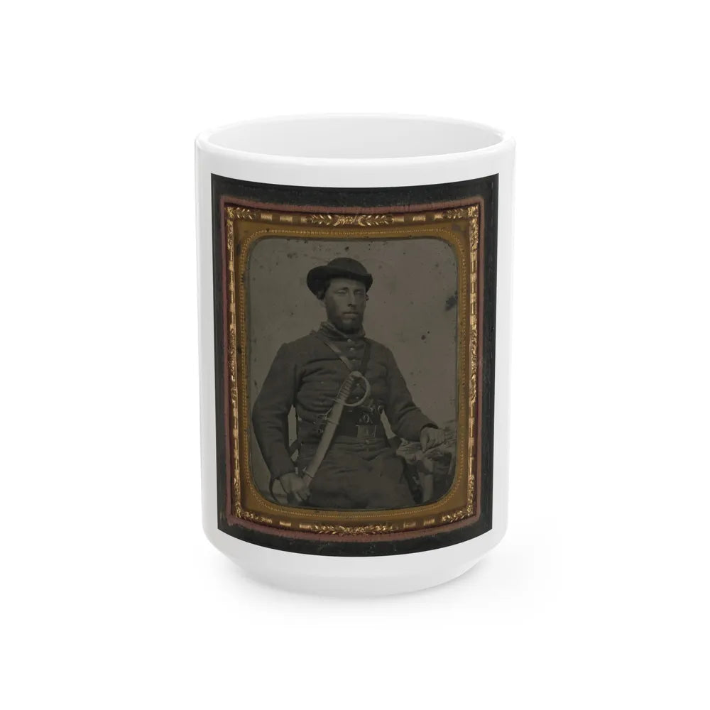 Unidentified Soldier In Confederate Uniform And Virginia Sword Belt Plate With Revolver And Cavalry Sword (U.S. Civil War) White Coffee Mug-15oz-Go Mug Yourself