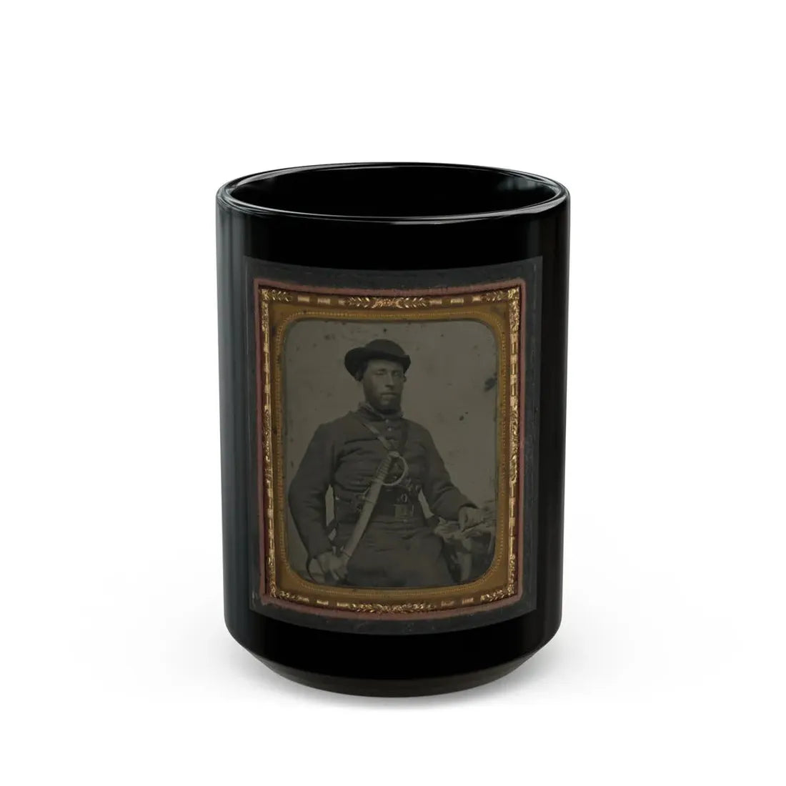 Unidentified Soldier In Confederate Uniform And Virginia Sword Belt Plate With Revolver And Cavalry Sword (U.S. Civil War) Black Coffee Mug 15oz - Go Mug Yourself