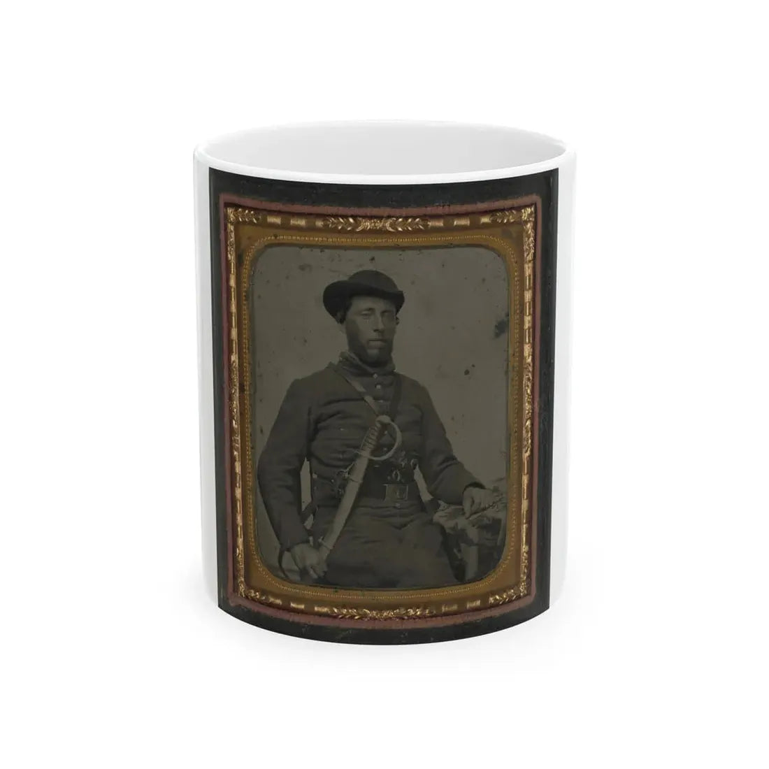 Unidentified Soldier In Confederate Uniform And Virginia Sword Belt Plate With Revolver And Cavalry Sword (U.S. Civil War) White Coffee Mug 11oz - Go Mug Yourself