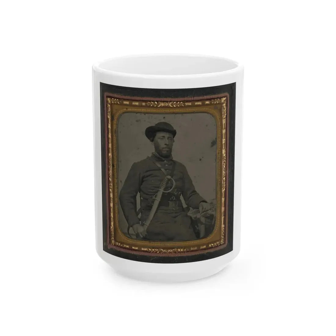 Unidentified Soldier In Confederate Uniform And Virginia Sword Belt Plate With Revolver And Cavalry Sword (U.S. Civil War) White Coffee Mug 15oz - Go Mug Yourself