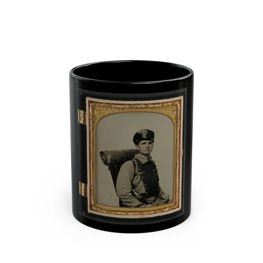 Unidentified Soldier In Confederate Uniform Of The 11th Virginia Regiment With Knapsack And Bedroll (U.S. Civil War) Black Coffee Mug 11oz - Go Mug Yourself