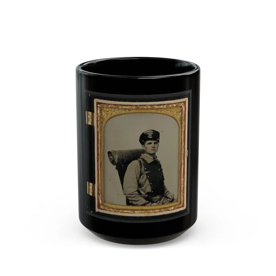 Unidentified Soldier In Confederate Uniform Of The 11th Virginia Regiment With Knapsack And Bedroll (U.S. Civil War) Black Coffee Mug 15oz - Go Mug Yourself