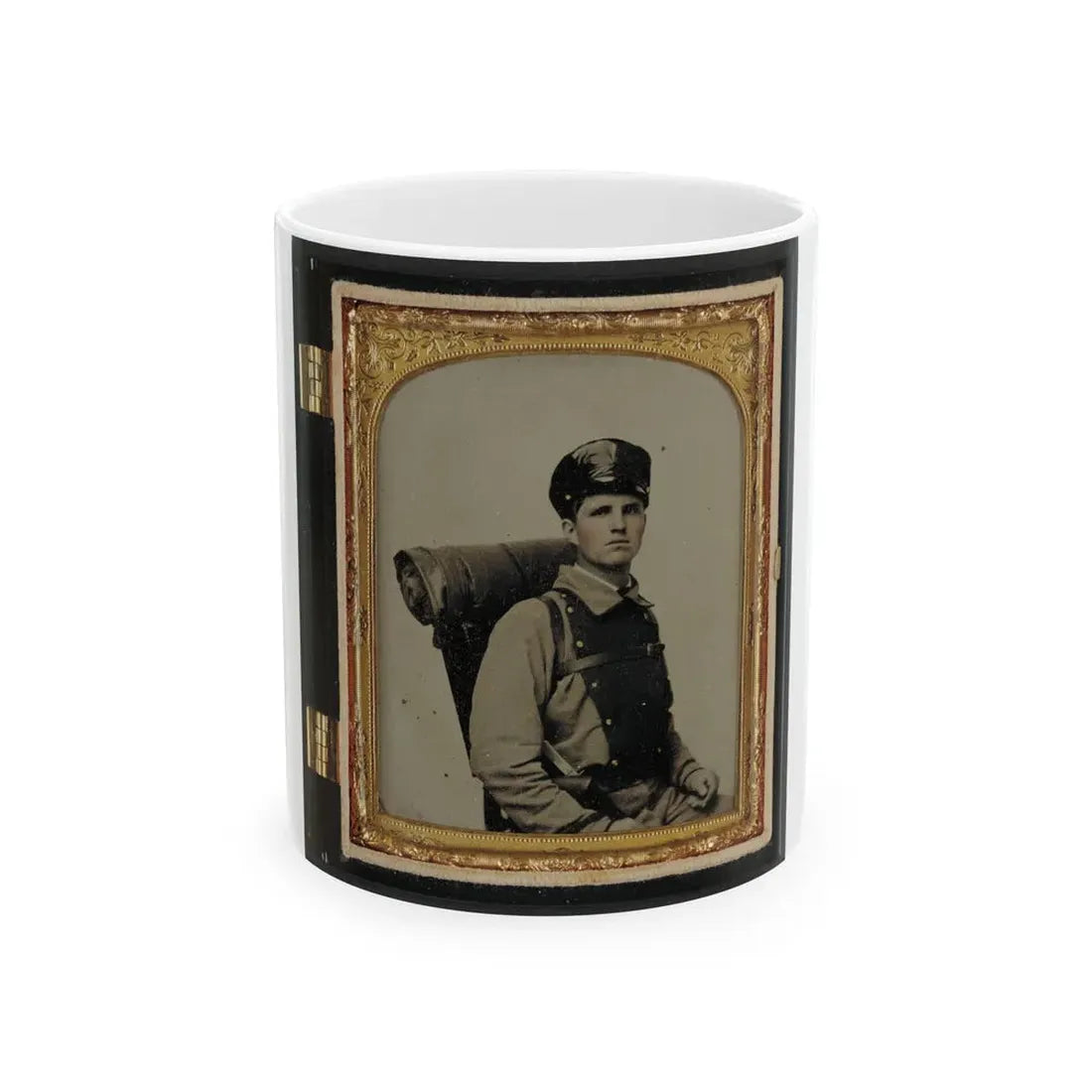 Unidentified Soldier In Confederate Uniform Of The 11th Virginia Regiment With Knapsack And Bedroll (U.S. Civil War) White Coffee Mug 11oz - Go Mug Yourself