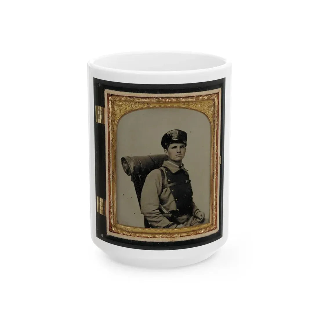Unidentified Soldier In Confederate Uniform Of The 11th Virginia Regiment With Knapsack And Bedroll (U.S. Civil War) White Coffee Mug 15oz - Go Mug Yourself