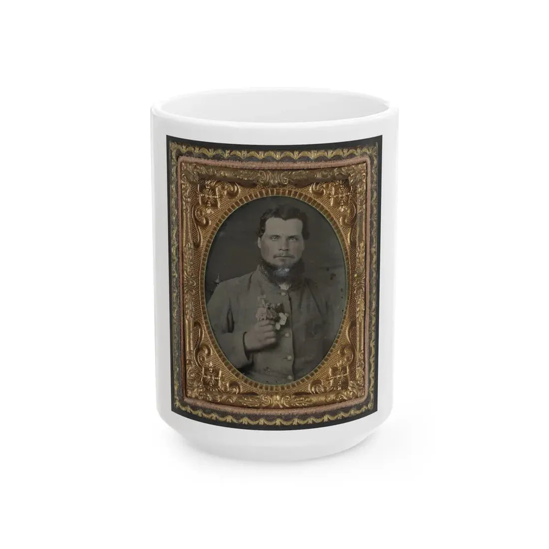 Unidentified Soldier In Confederate Uniform With Bouquet Of Flowers (U.S. Civil War) White Coffee Mug 15oz - Go Mug Yourself