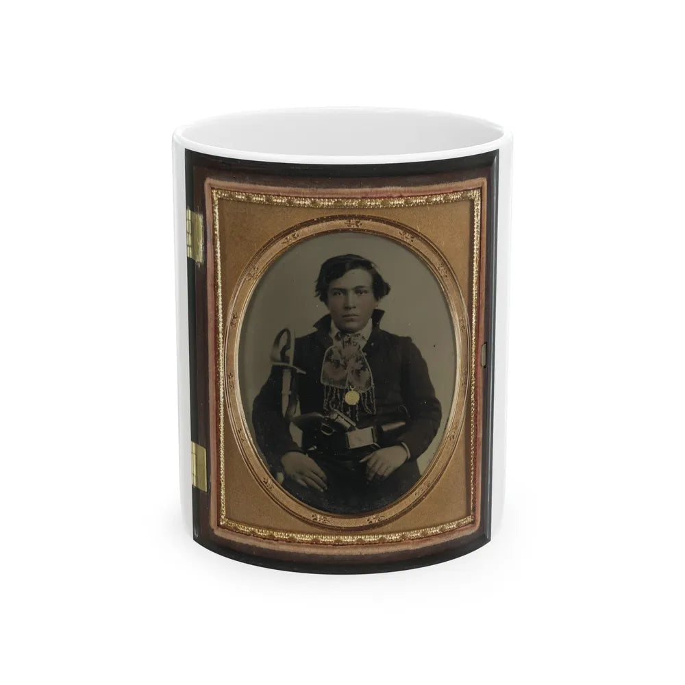 Unidentified Soldier In Confederate Uniform With Cavalry Sword And Revolver (U.S. Civil War) White Coffee Mug-11oz-Go Mug Yourself