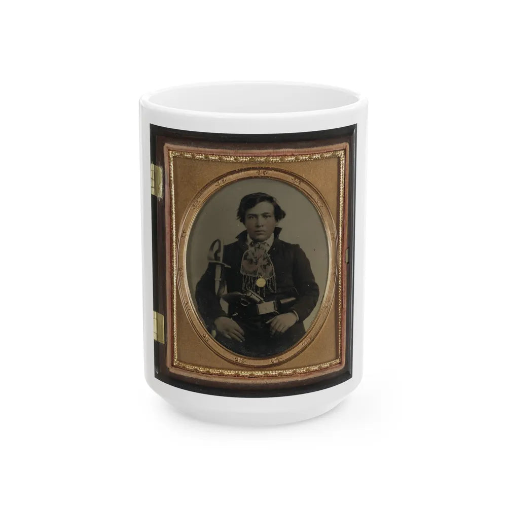 Unidentified Soldier In Confederate Uniform With Cavalry Sword And Revolver (U.S. Civil War) White Coffee Mug-15oz-Go Mug Yourself