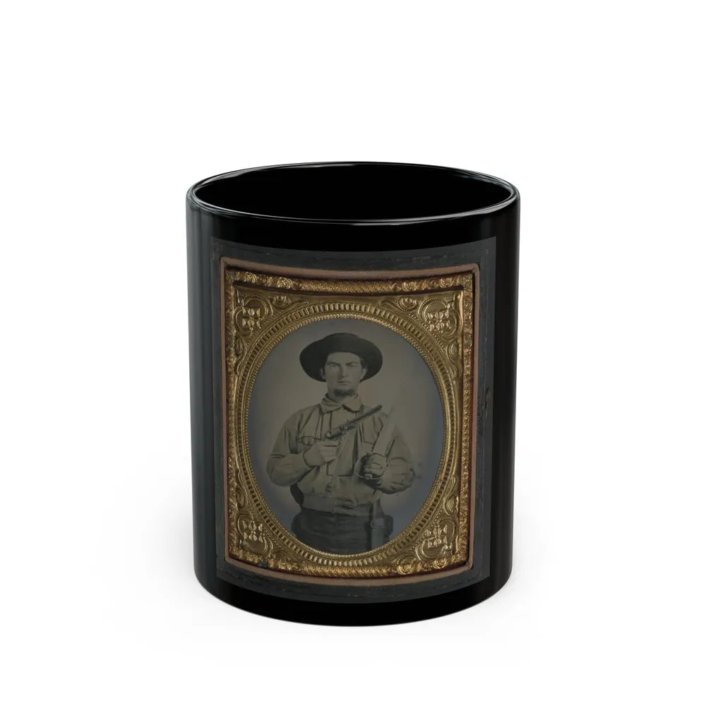 Unidentified Soldier In Confederate Uniform With Colt Navy Revolver And Double Handle D-Guard Bowie Knife (U.S. Civil War) Black Coffee Mug-11oz-Go Mug Yourself