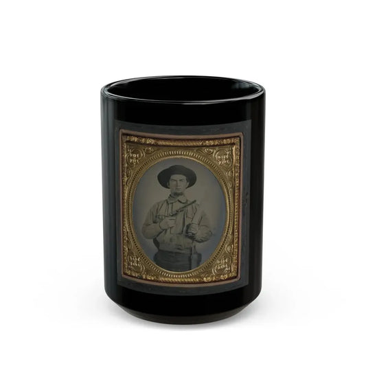 Unidentified Soldier In Confederate Uniform With Colt Navy Revolver And Double Handle D-Guard Bowie Knife (U.S. Civil War) Black Coffee Mug 15oz - Go Mug Yourself