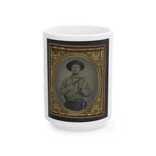 Unidentified Soldier In Confederate Uniform With Colt Navy Revolver And Double Handle D-Guard Bowie Knife (U.S. Civil War) White Coffee Mug 15oz - Go Mug Yourself