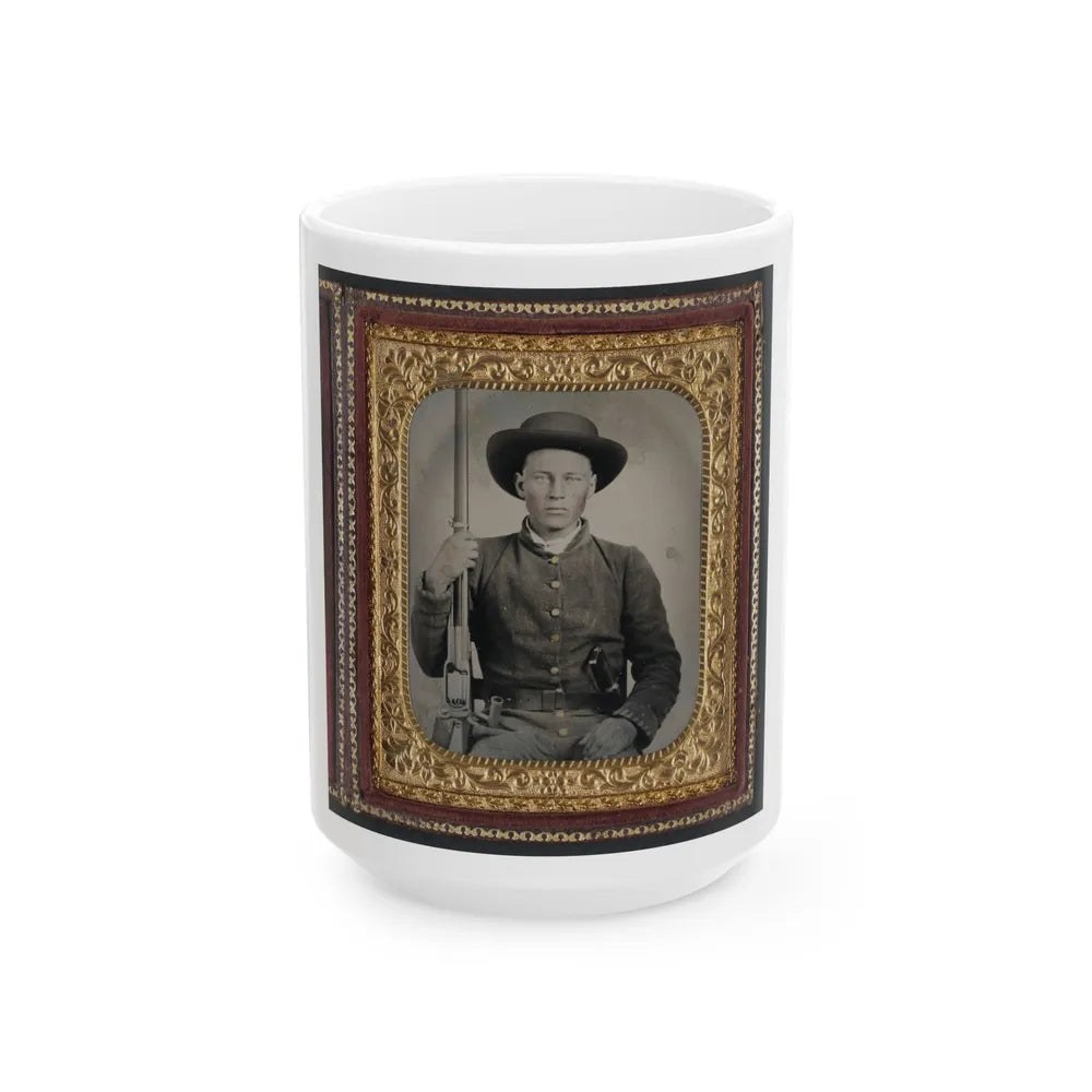 Unidentified Soldier In Confederate Uniform With Colt Revolving Rifle And D-Guard Bowie Knife (U.S. Civil War) White Coffee Mug-15oz-Go Mug Yourself