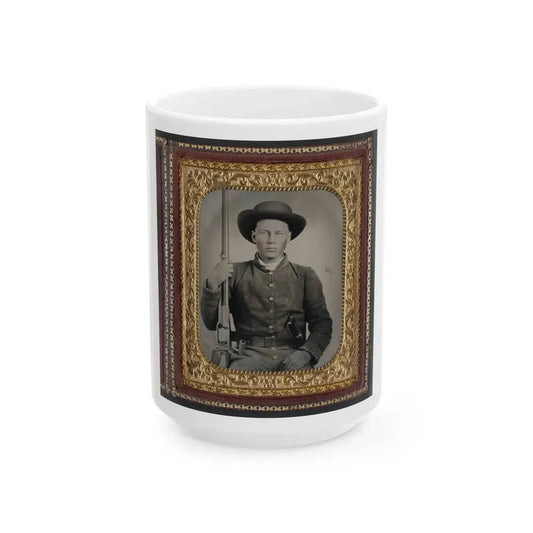 Unidentified Soldier In Confederate Uniform With Colt Revolving Rifle And D-Guard Bowie Knife (U.S. Civil War) White Coffee Mug 15oz - Go Mug Yourself