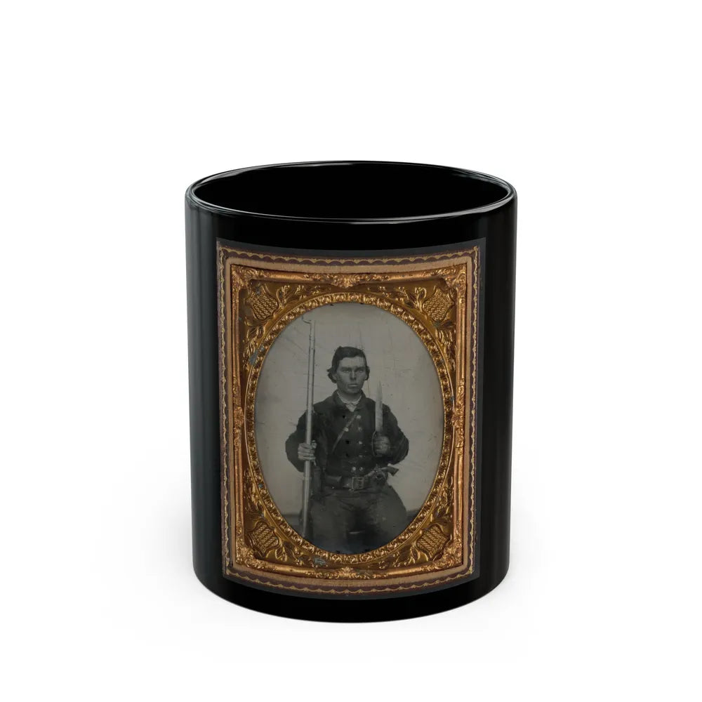 Unidentified Soldier In Confederate Uniform With D-Guard Bowie Knife, Musket, And Revolver (U.S. Civil War) Black Coffee Mug-11oz-Go Mug Yourself