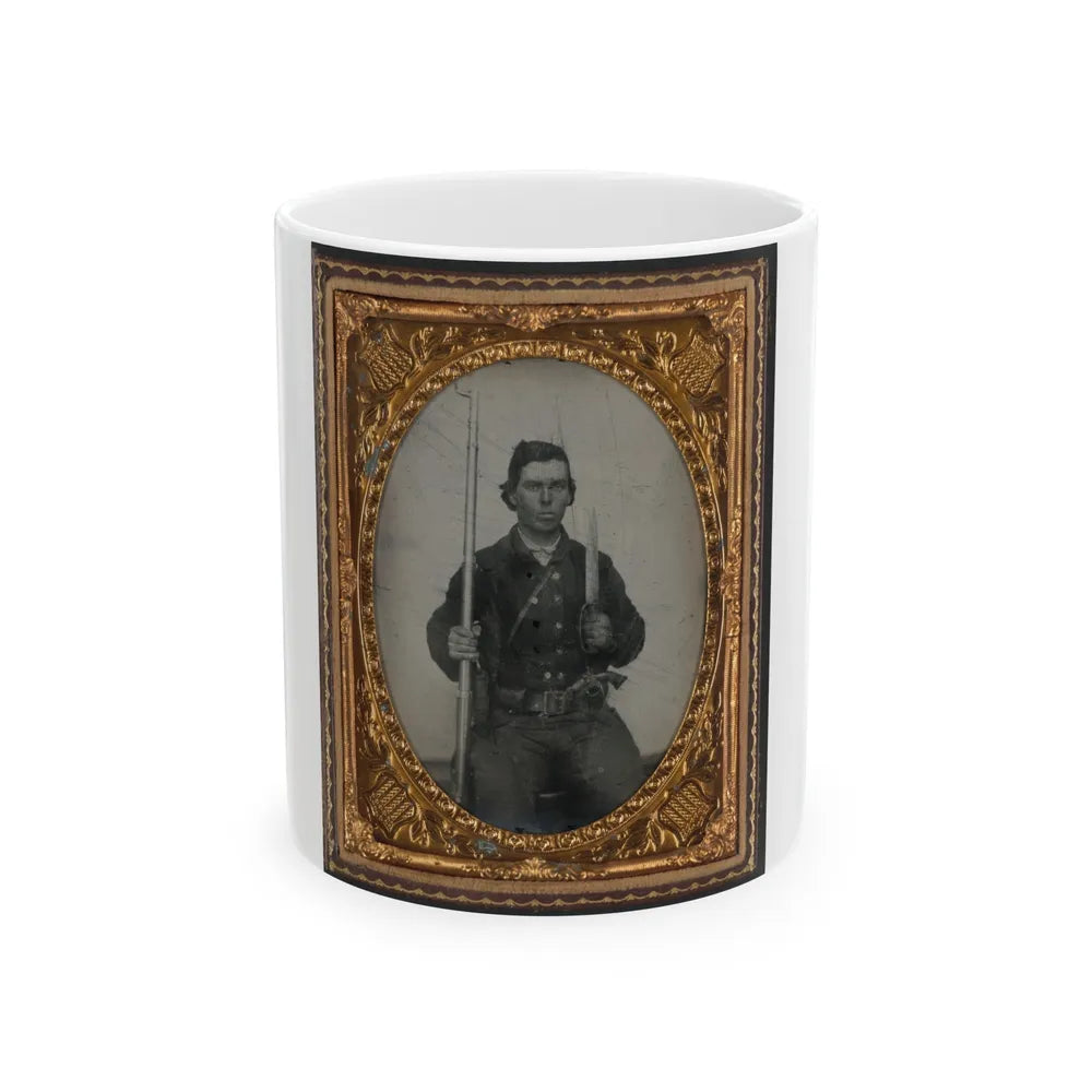 Unidentified Soldier In Confederate Uniform With D-Guard Bowie Knife, Musket, And Revolver (U.S. Civil War) White Coffee Mug-11oz-Go Mug Yourself