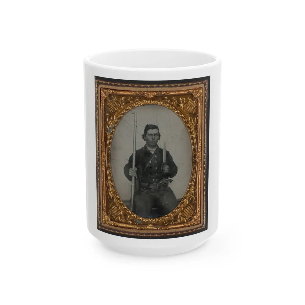 Unidentified Soldier In Confederate Uniform With D-Guard Bowie Knife, Musket, And Revolver (U.S. Civil War) White Coffee Mug-15oz-Go Mug Yourself