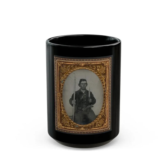 Unidentified Soldier In Confederate Uniform With D-Guard Bowie Knife, Musket, And Revolver (U.S. Civil War) Black Coffee Mug 15oz - Go Mug Yourself