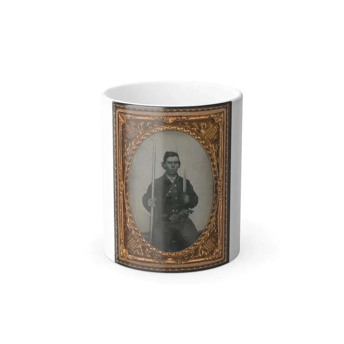 Unidentified Soldier in Confederate Uniform With D-Guard Bowie Knife, Musket, and Revolver (U.S. Civil War) Color Changing Coffee Mug 11oz - Go Mug Yourself