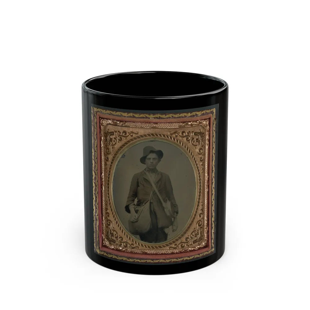 Unidentified Soldier In Confederate Uniform With Gardner Patent Canteen And Haversack (U.S. Civil War) Black Coffee Mug-11oz-Go Mug Yourself