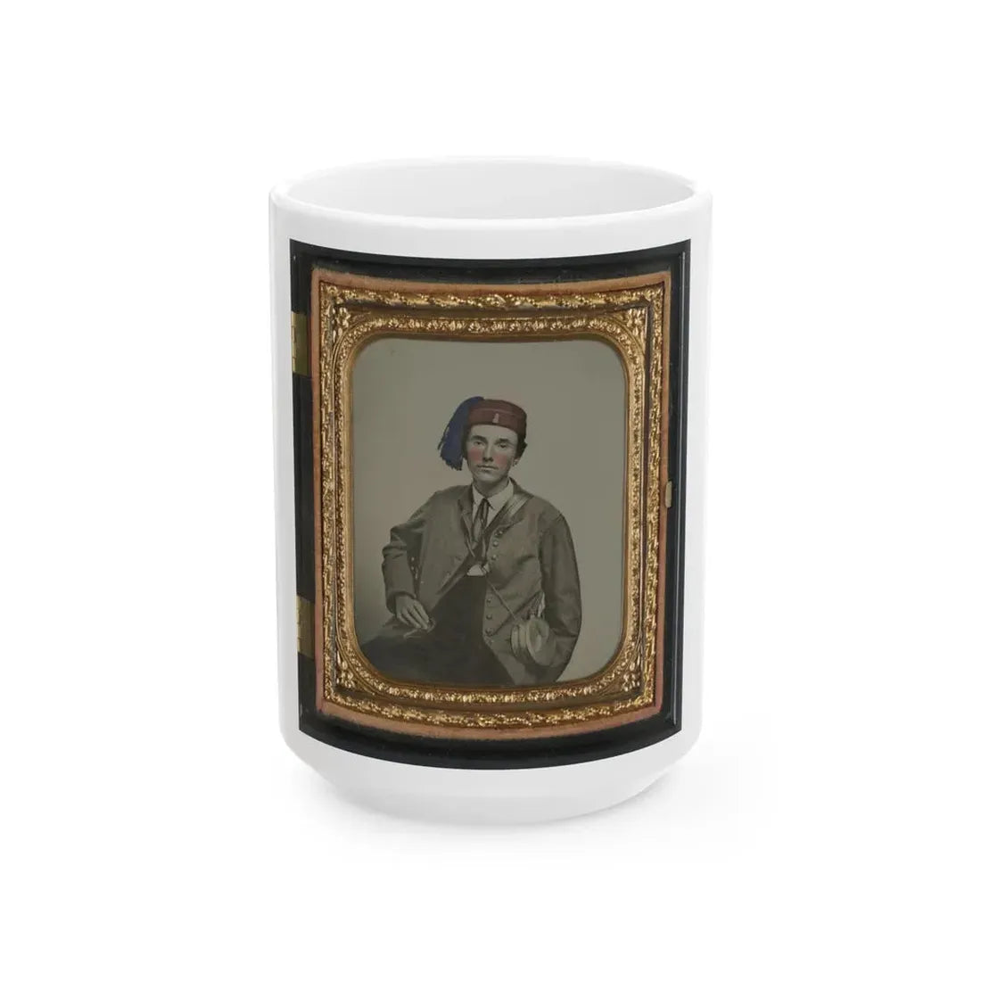 Unidentified Soldier In Confederate Uniform With  I  Buttons And Company B Hat With Tin Drum Canteen (U.S. Civil War) White Coffee Mug 15oz - Go Mug Yourself