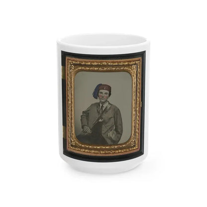 Unidentified Soldier In Confederate Uniform With  I  Buttons And Company B Hat With Tin Drum Canteen (U.S. Civil War) White Coffee Mug 15oz - Go Mug Yourself