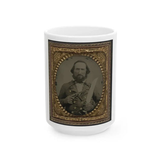 Unidentified Soldier In Confederate Uniform With Large Bowie Knife And Revolver (U.S. Civil War) White Coffee Mug 15oz - Go Mug Yourself