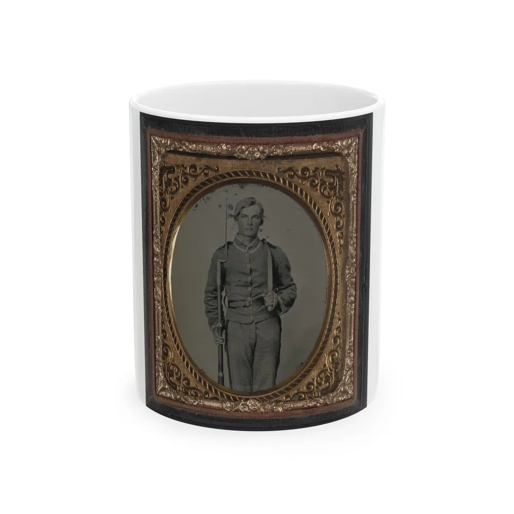 Unidentified Soldier In Confederate Uniform With Musket And D-Guard Bowie Knife (U.S. Civil War) White Coffee Mug-11oz-Go Mug Yourself