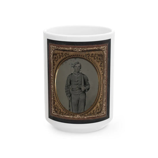 Unidentified Soldier In Confederate Uniform With Musket And D-Guard Bowie Knife (U.S. Civil War) White Coffee Mug-15oz-Go Mug Yourself