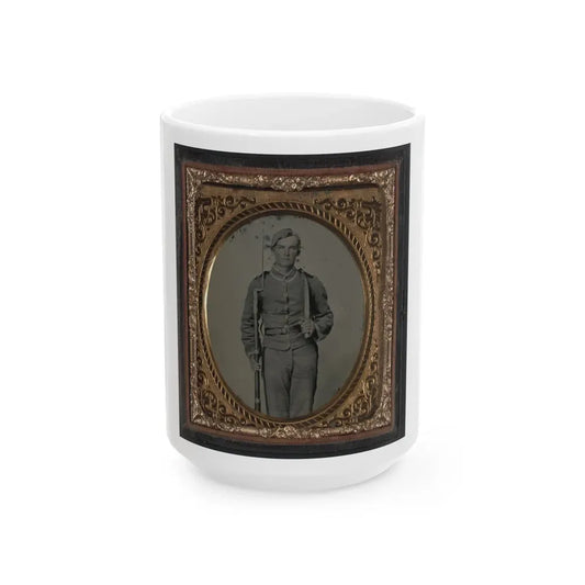 Unidentified Soldier In Confederate Uniform With Musket And D-Guard Bowie Knife (U.S. Civil War) White Coffee Mug 15oz - Go Mug Yourself