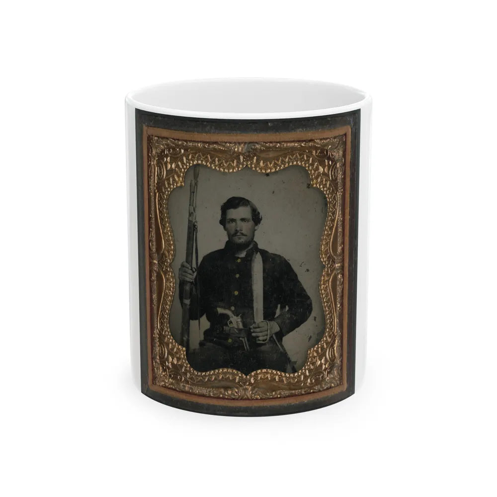 Unidentified Soldier In Confederate Uniform With Musket And Horstman & Sons Sword Bayonet, Pistol, And Bowie Knife (U.S. Civil War) White Coffee Mug-11oz-Go Mug Yourself