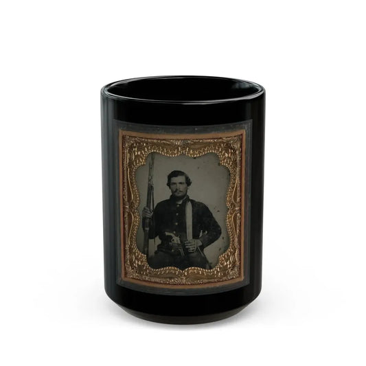 Unidentified Soldier In Confederate Uniform With Musket And Horstman & Sons Sword Bayonet, Pistol, And Bowie Knife (U.S. Civil War) Black Coffee Mug 15oz - Go Mug Yourself