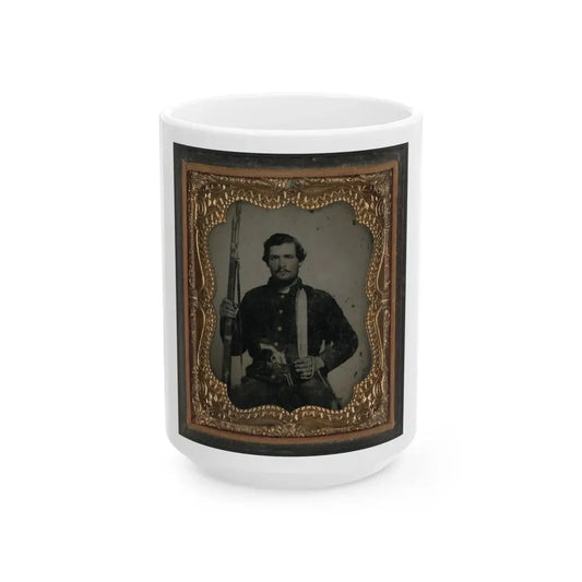 Unidentified Soldier In Confederate Uniform With Musket And Horstman & Sons Sword Bayonet, Pistol, And Bowie Knife (U.S. Civil War) White Coffee Mug 15oz - Go Mug Yourself