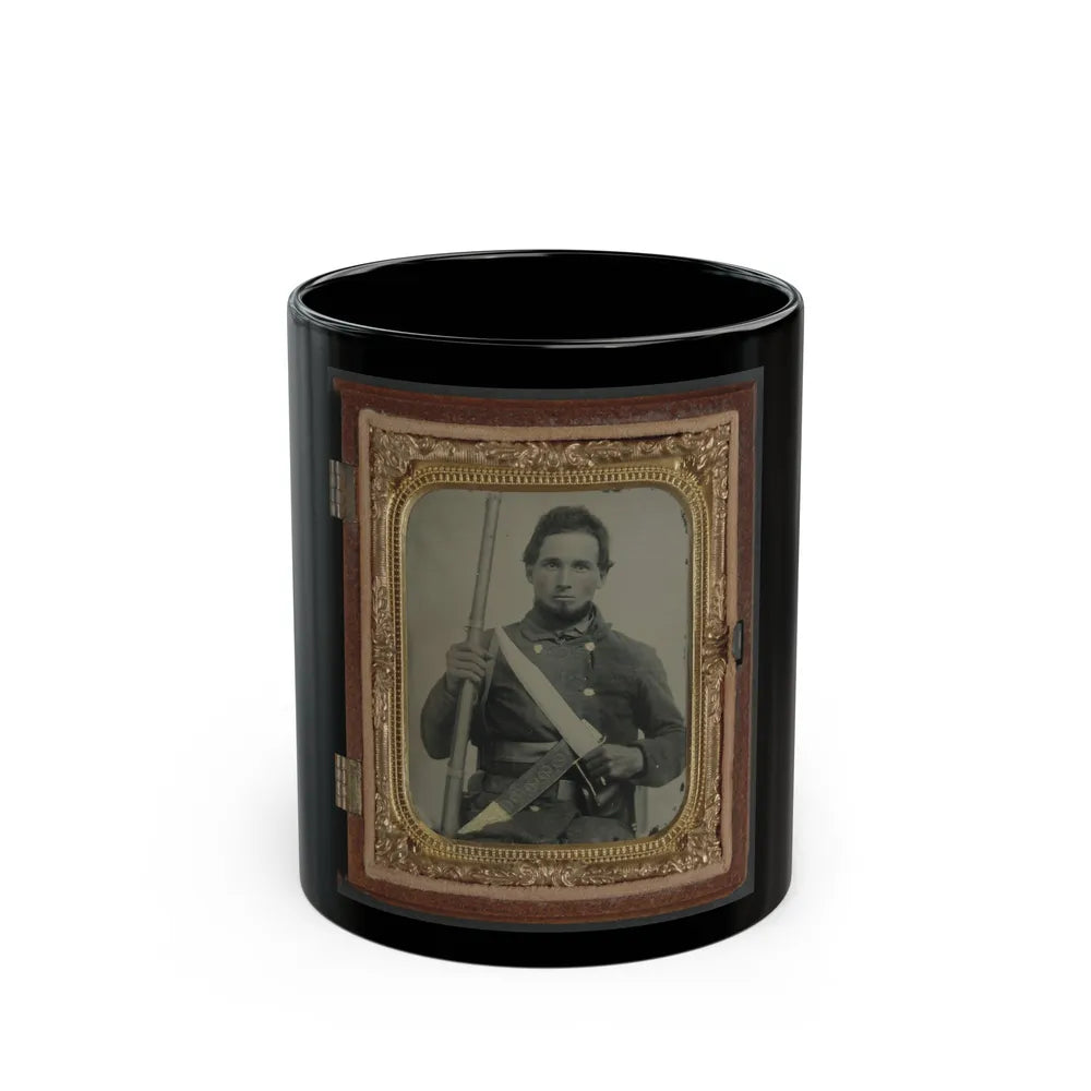 Unidentified Soldier In Confederate Uniform With Musket, D Guard Bowie Knife, And Engraved Knife Sheath (U.S. Civil War) Black Coffee Mug-11oz-Go Mug Yourself