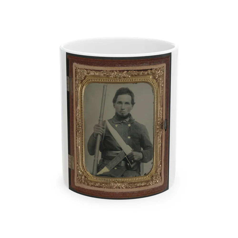 Unidentified Soldier In Confederate Uniform With Musket, D Guard Bowie Knife, And Engraved Knife Sheath (U.S. Civil War) White Coffee Mug-11oz-Go Mug Yourself