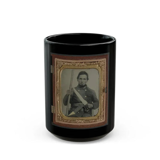 Unidentified Soldier In Confederate Uniform With Musket, D Guard Bowie Knife, And Engraved Knife Sheath (U.S. Civil War) Black Coffee Mug 15oz - Go Mug Yourself