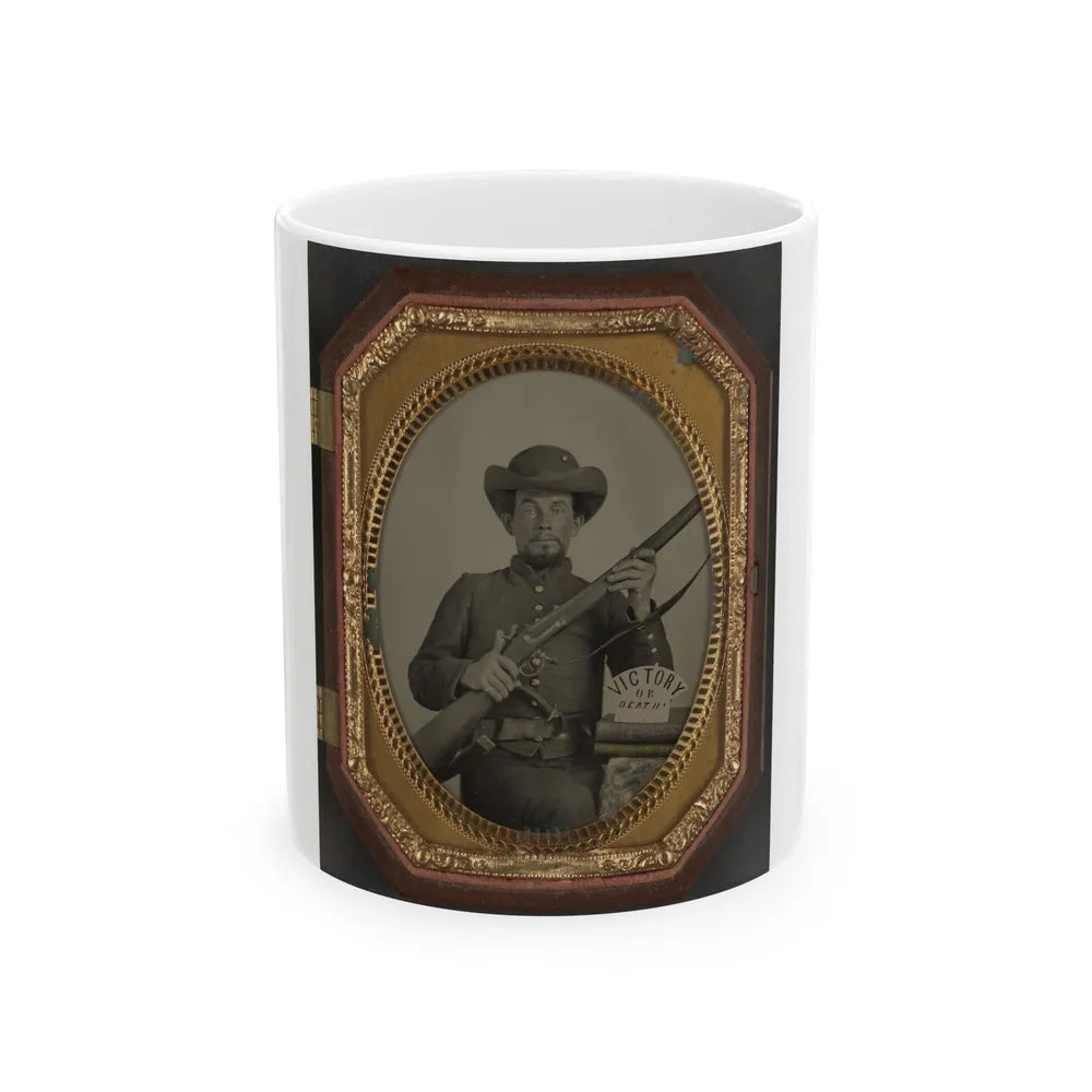 Unidentified Soldier In Confederate Uniform With Musket, Knife, And Sign Reading Victory Or Death! Atop Two Books (U.S. Civil War) White Coffee Mug-11oz-Go Mug Yourself