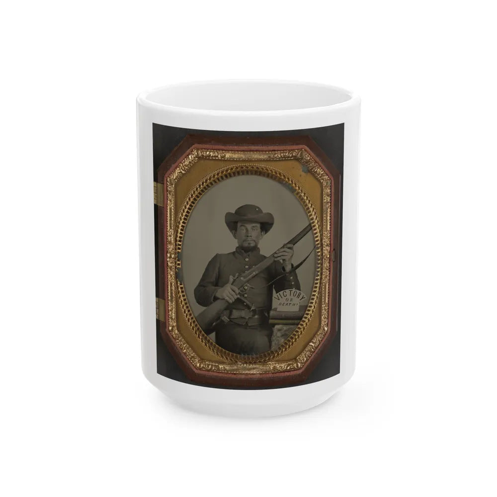 Unidentified Soldier In Confederate Uniform With Musket, Knife, And Sign Reading Victory Or Death! Atop Two Books (U.S. Civil War) White Coffee Mug-15oz-Go Mug Yourself