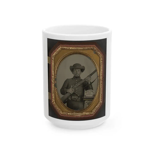 Unidentified Soldier In Confederate Uniform With Musket, Knife, And Sign Reading Victory Or Death! Atop Two Books (U.S. Civil War) White Coffee Mug 15oz - Go Mug Yourself