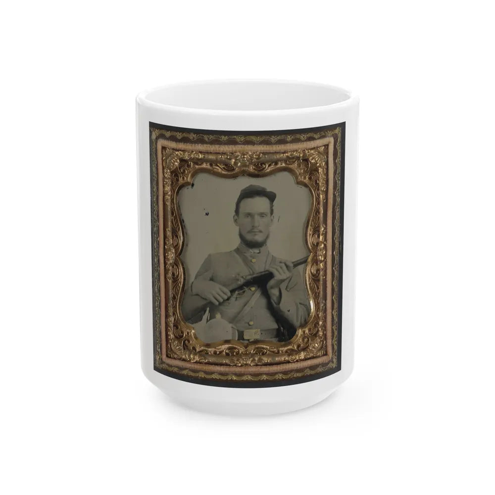 Unidentified Soldier In Confederate Uniform With Percussion Shotgun And Two Canteens (U.S. Civil War) White Coffee Mug-15oz-Go Mug Yourself