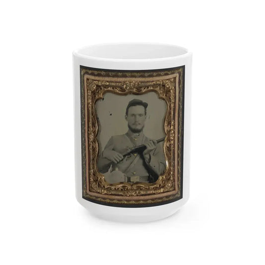 Unidentified Soldier In Confederate Uniform With Percussion Shotgun And Two Canteens (U.S. Civil War) White Coffee Mug 15oz - Go Mug Yourself